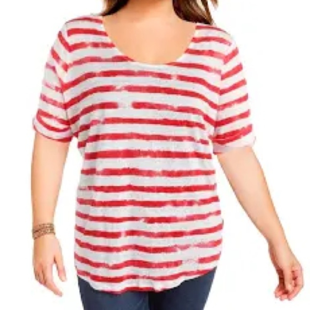 LAUREN RALPH LAUREN Womens Linen Striped Casual Top Red